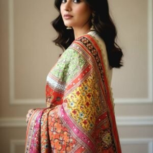 Multicolor Chinon Silk Dupatta with Mirror & Pearl Work