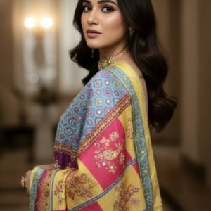 Multicolor Chinon Silk Dupatta with Mirror & Pearl Work