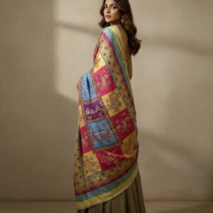 Multicolor Chinon Silk Dupatta with Mirror & Pearl Work
