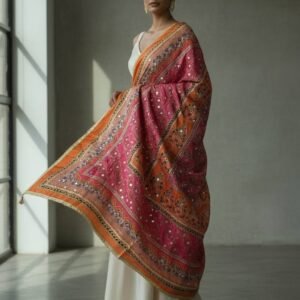 Multicolor Chinon Silk Dupatta with Mirror & Aari Work