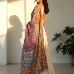 Multicolor Chinon Silk Dupatta with Mirror & Pearl Work