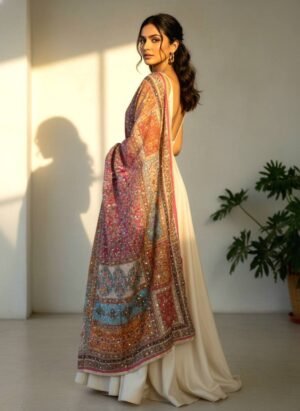 Multicolor Chinon Silk Dupatta with Mirror & Pearl Work