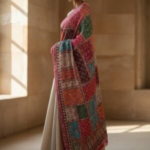 Multicolor Chinon Silk Dupatta with Mirror & Pearl Work