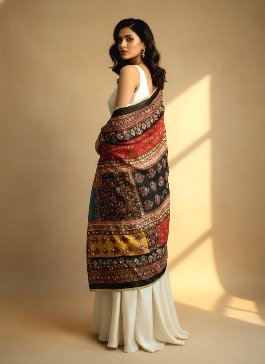 Multicolor Chinon Silk Dupatta with Mirror & Pearl Work