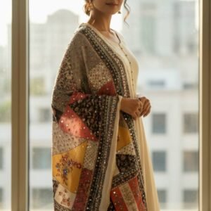 Multicolor Chinon Silk Dupatta with Mirror & Pearl Work