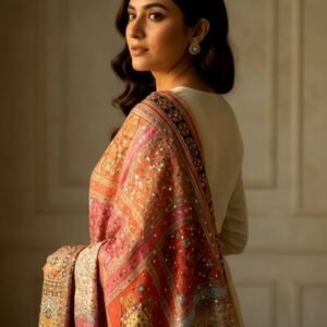 Multicolor Chinon Silk Dupatta with Mirror & Pearl Work