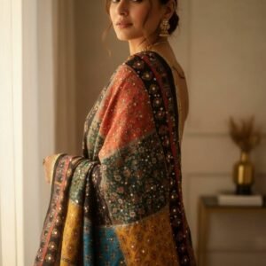 Multicolor Chinon Silk Dupatta with Mirror & Pearl Work