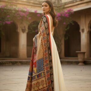 Multicolor Chinon Silk Dupatta with Mirror & Pearl Work