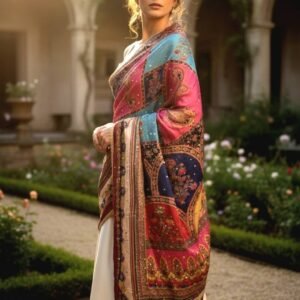 Multicolor Chinon Silk Dupatta with Mirror & Pearl Work