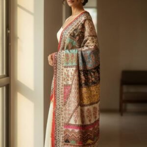 Multicolor Chinon Silk Dupatta with Mirror & Pearl Work