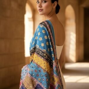 Multicolor Chinon Silk Dupatta with Mirror & Pearl Work