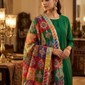 Multicolor Chinon Silk Dupatta with Mirror & Aari Work
