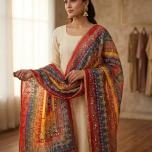 Multicolor Chinon Silk Dupatta with Mirror & Aari Work