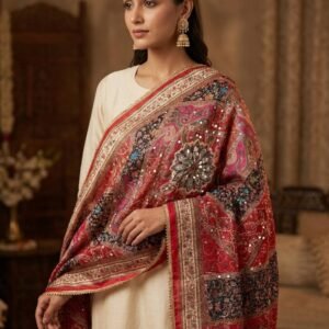 Multicolor Chinon Silk Dupatta with Mirror & Aari Work