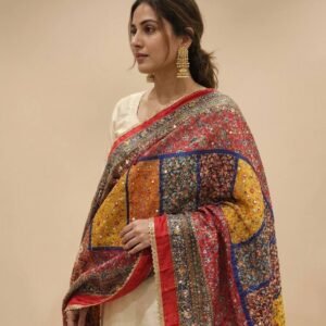 Multicolor Chinon Silk Dupatta with Mirror & Aari Work