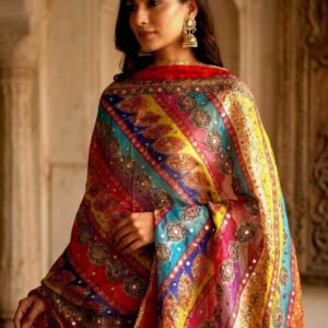 Multicolor Chinon Silk Dupatta with Mirror & Aari Work