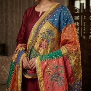 Multicolor Chinon Silk Dupatta with Mirror & Aari Work