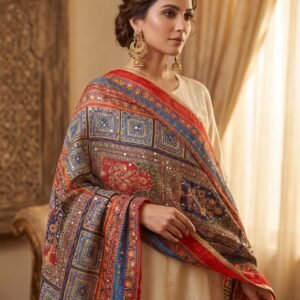 Multicolor Chinon Silk Dupatta with Mirror & Aari Work