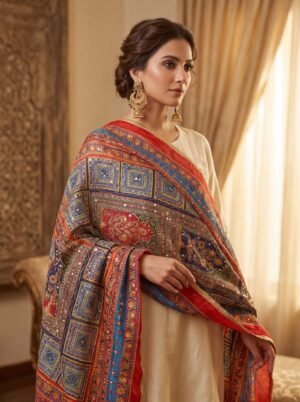 Multicolor Chinon Silk Dupatta with Mirror & Aari Work