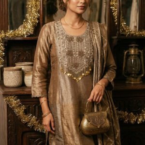 Pure Zardozi Handwork Tissue Silk Stitched Dress