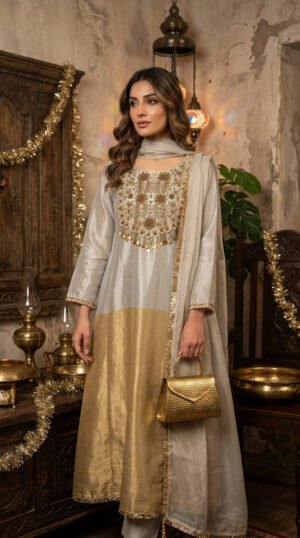Pure Zardozi Handwork Tissue Silk Stitched Dress