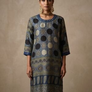 Natural Ajrakh Hand-Dyed Gajji Silk Kurti
