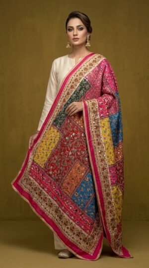 Multicolor Chinon Silk Dupatta with Mirror & Aari Work