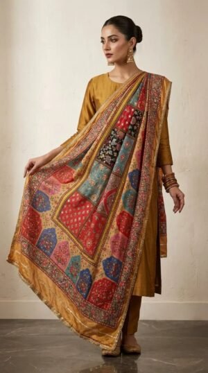 Multicolor Chinon Silk Dupatta with Mirror & Pearl Work