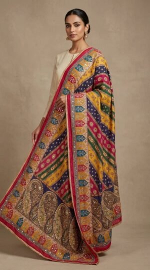 Multicolor Chinon Silk Dupatta with Mirror & Pearl Work