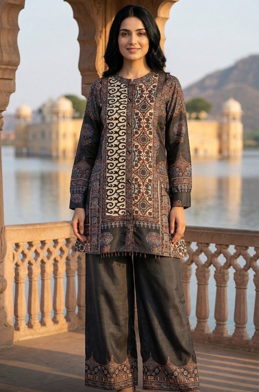 Ajrakh Crepe Silk Stitched Co-Ords Set - Image 2