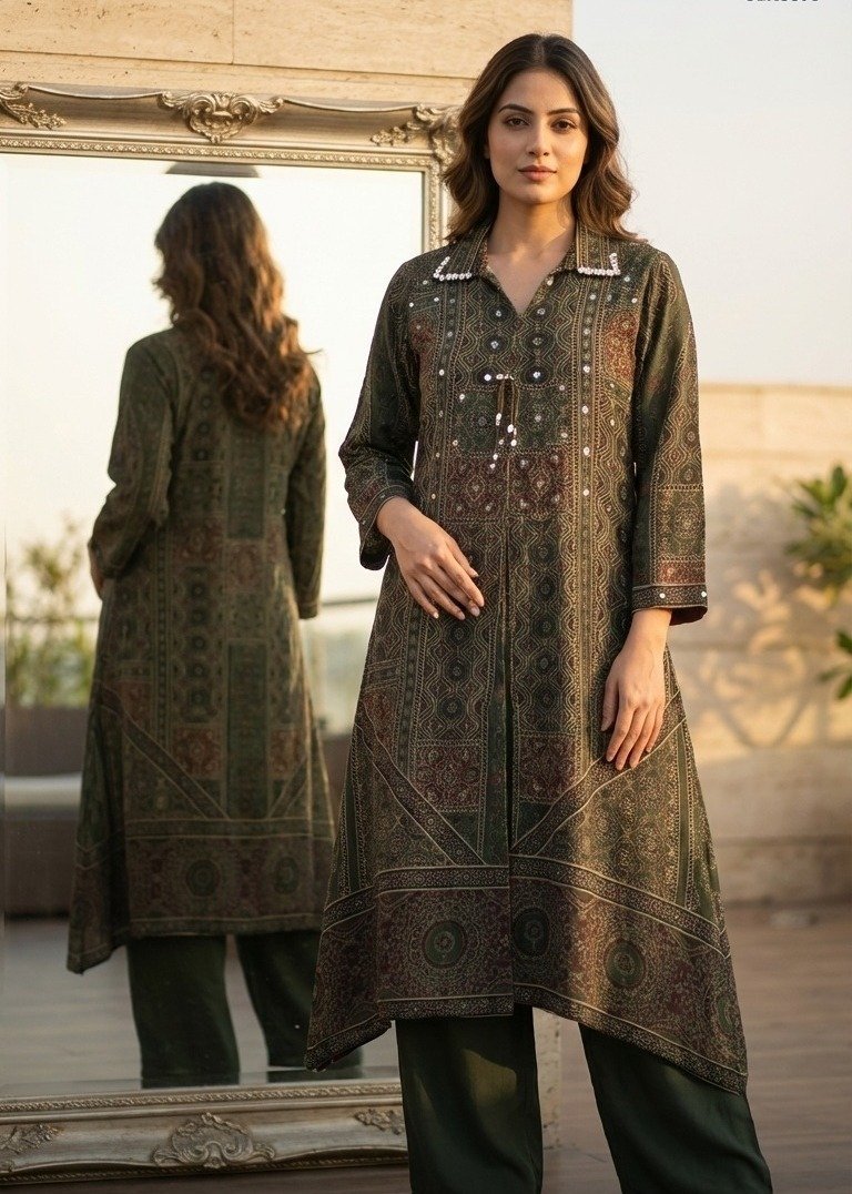 Ajrakh Crepe Silk Stitched Co-Ords Set - Image 2