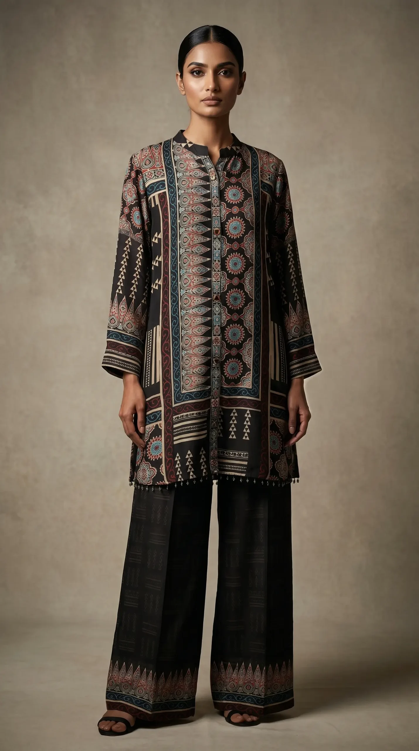 Ajrakh Crepe Silk Stitched Co-Ords Set