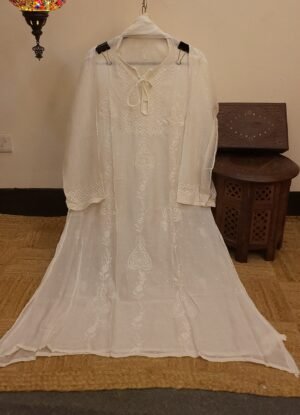 Designer Mul-Chanderi Chikankari Dress