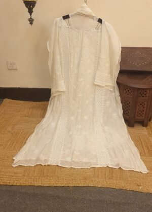 Designer Mul-Chanderi Chikankari Dress