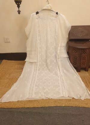 Designer Mul-Chanderi Chikankari Dress