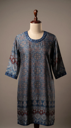 Natural Ajrakh Hand-Dyed Gajji Silk Kurti