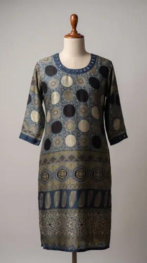 Natural Ajrakh Hand-Dyed Gajji Silk Kurti