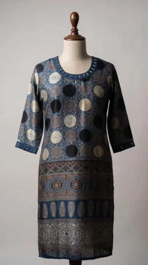 Natural Ajrakh Hand-Dyed Gajji Silk Kurti