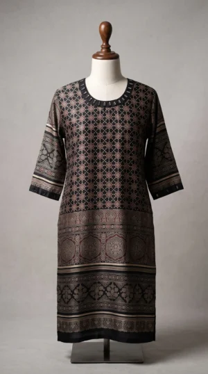Natural Ajrakh Hand-Dyed Gajji Silk Kurti