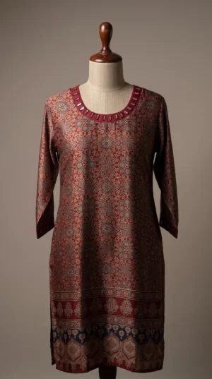 Natural Ajrakh Hand-Dyed Gajji Silk Kurti