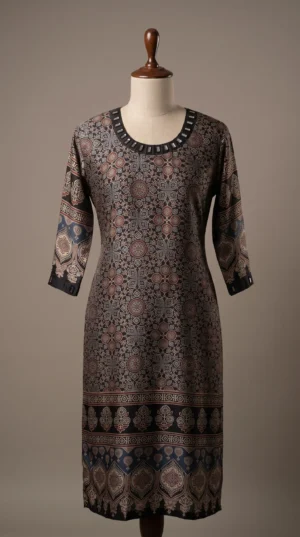 Natural Ajrakh Hand-Dyed Gajji Silk Kurti