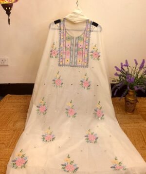 Designer Mul-Chanderi Chikankari Dress