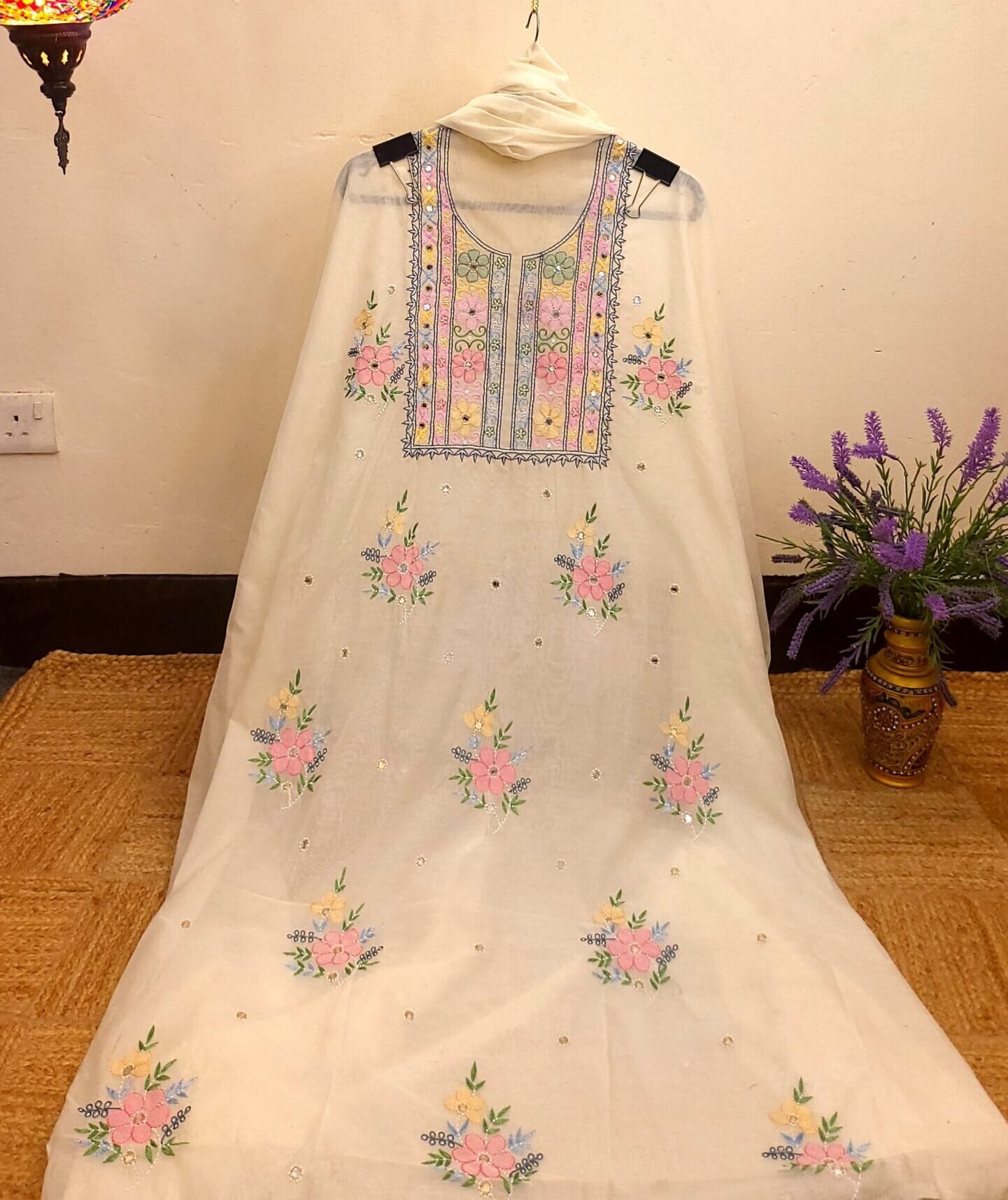 Designer Mul-Chanderi Chikankari Dress