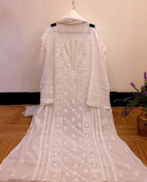 Designer Mul-Chanderi Chikankari Dress