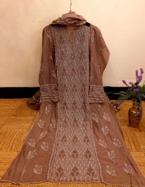 Designer Mul-Chanderi Chikankari Dress