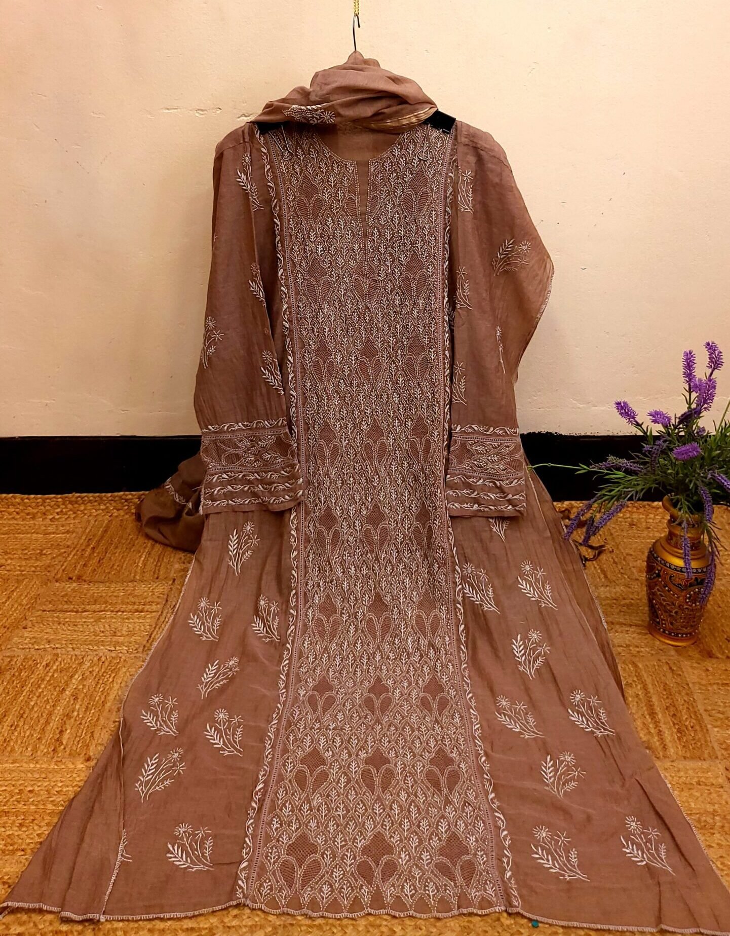 Designer Mul-Chanderi Chikankari Dress